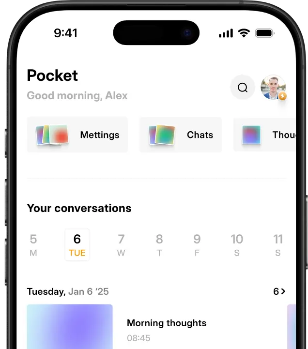 Pocket AI app home screen with recordings and notes